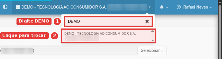Busca por DEMO no seletor de empresa