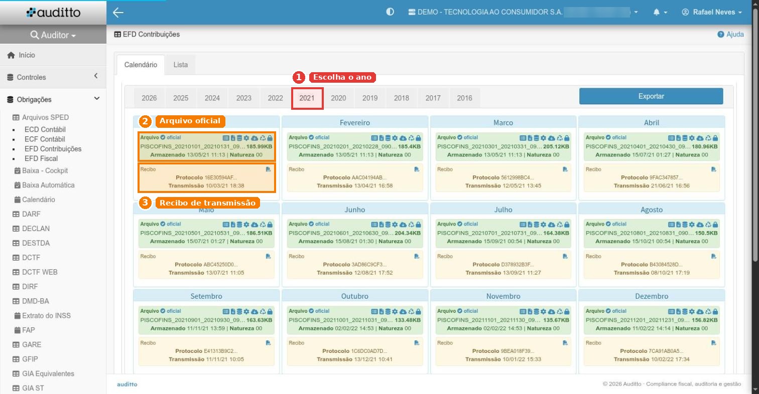 EFD Contribuições 2021, calendário com arquivo e recibo por mês