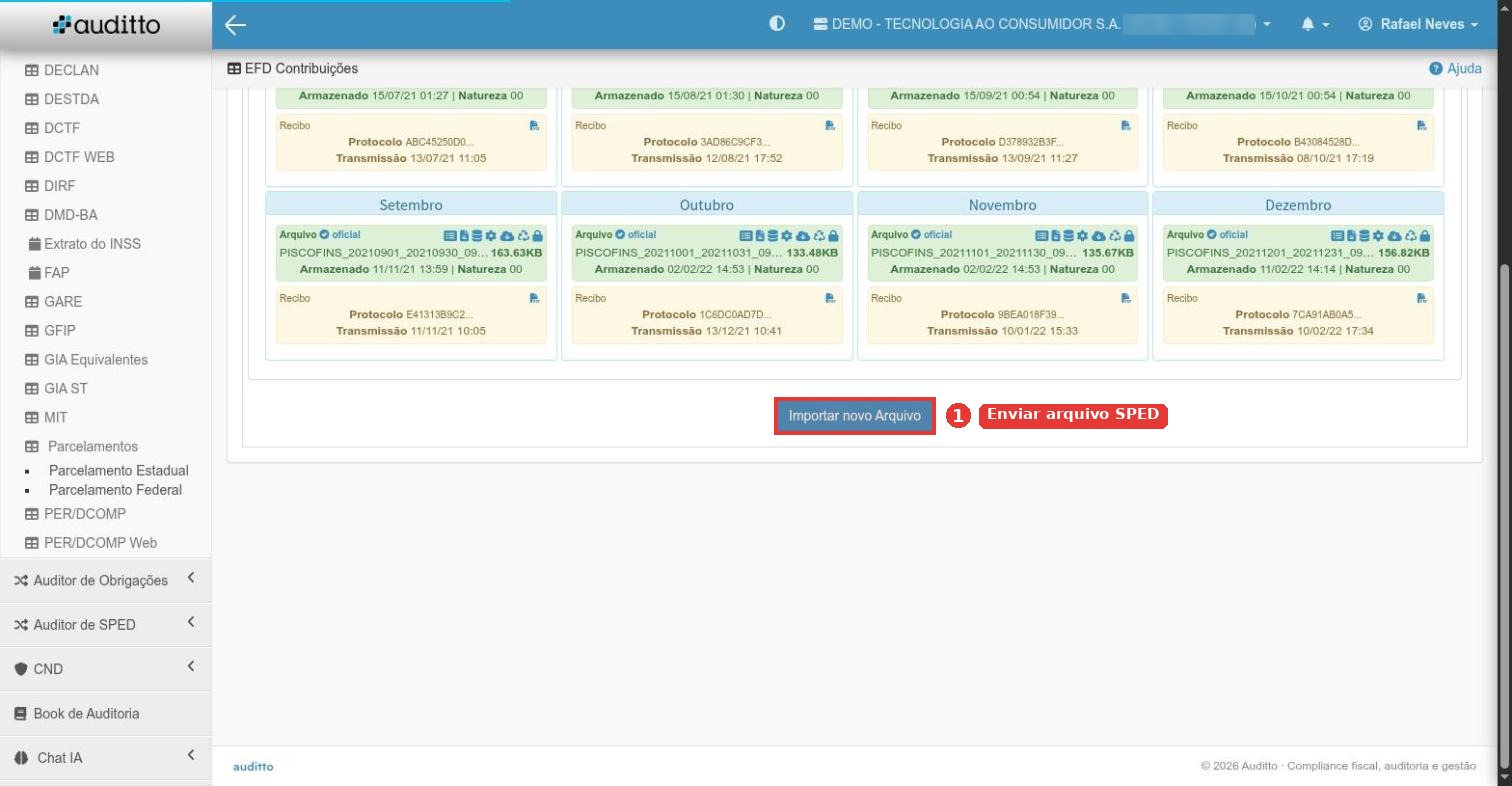 Botão Importar novo Arquivo no fim da tela do SPED