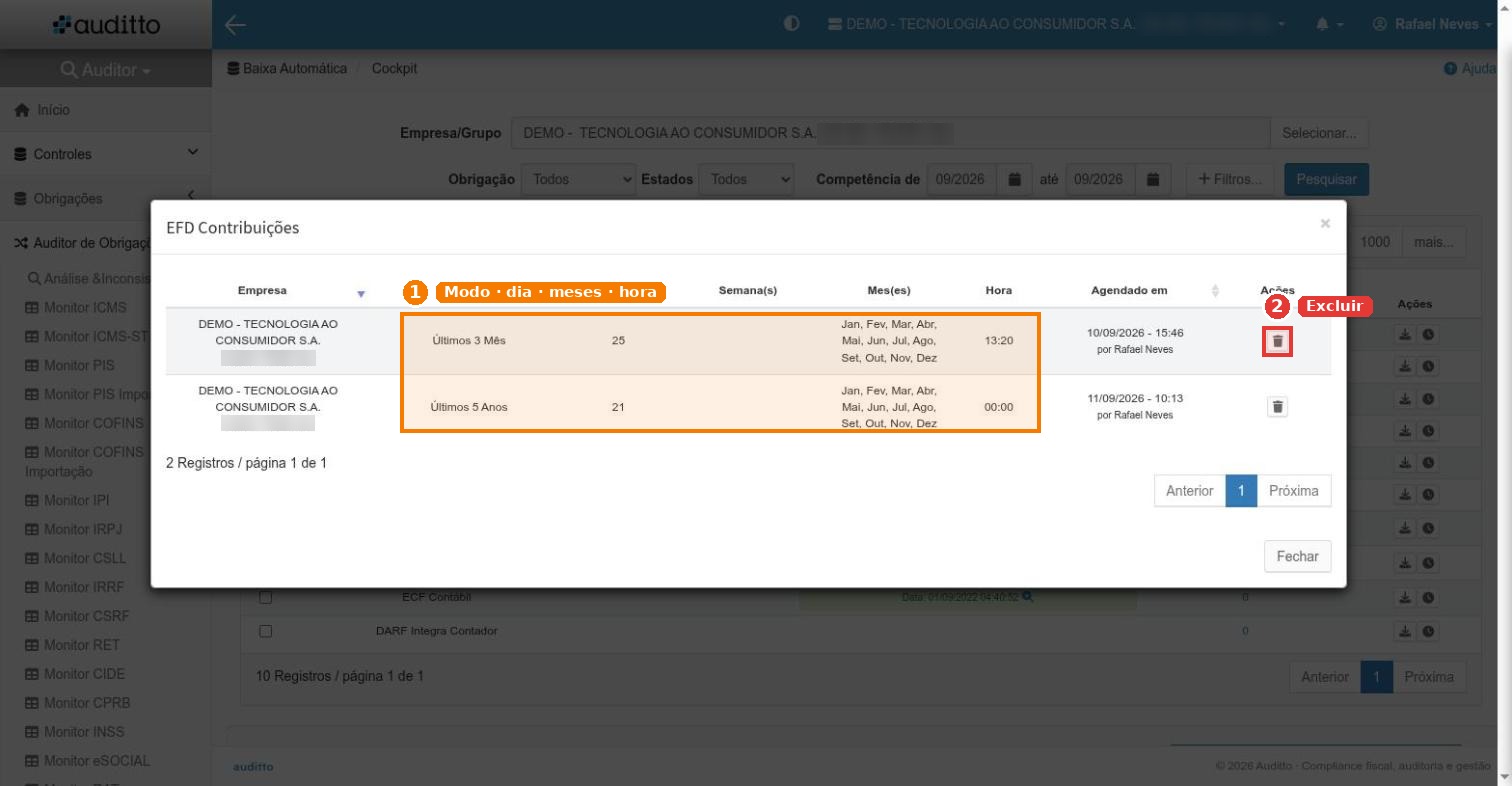 Lista de agendamentos da EFD Contribuições